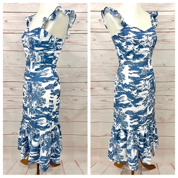 Shein Split Thigh Ruffle Strap Toscana Renaissance Print Dress - Picture 4 of 14